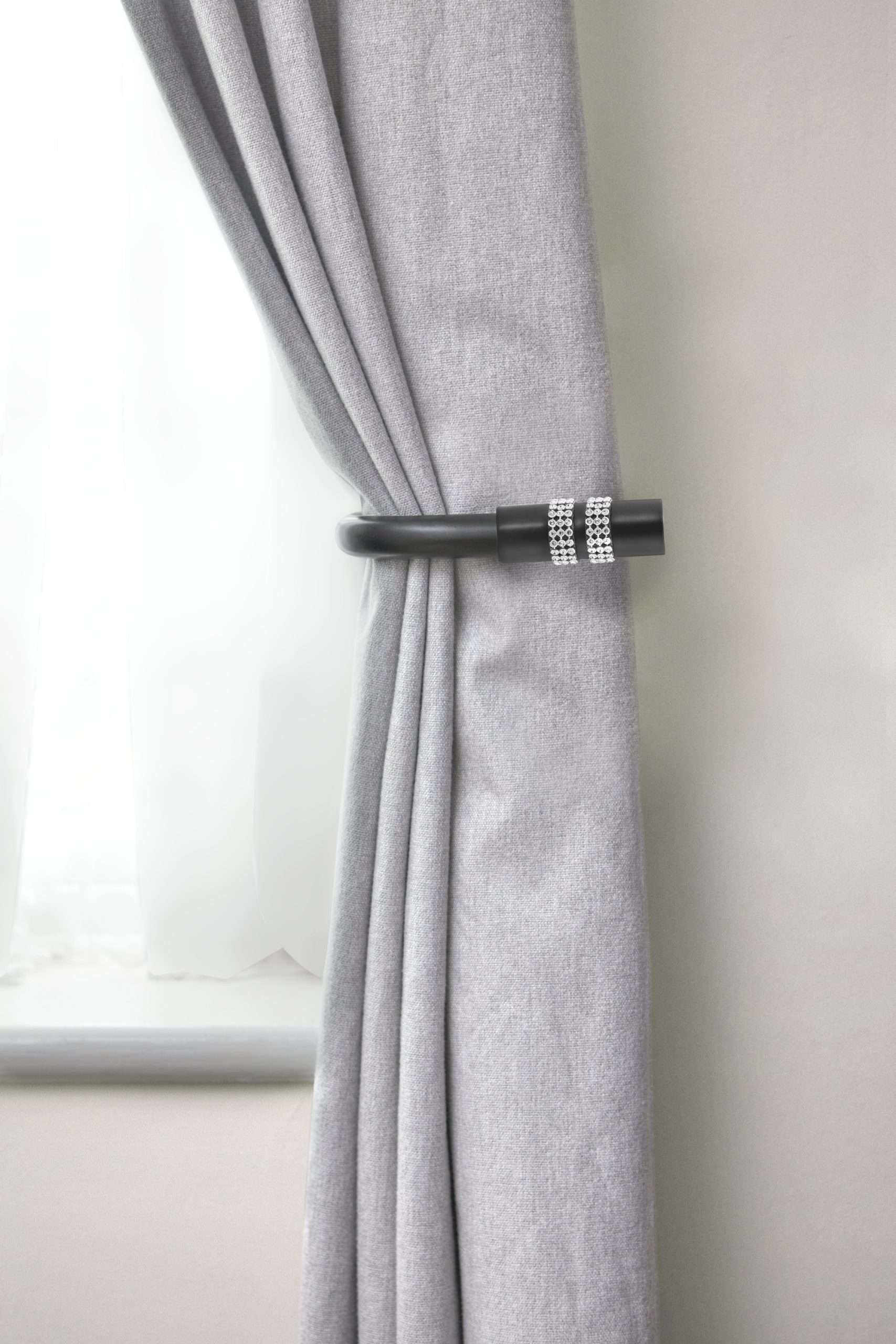 Hold back (Pair) with Finials Diamante Holdback Tiebacks, Matt Black (Pair With End Finials) - Image 1