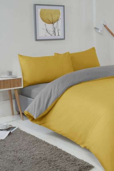 Lyla Reversible Duvet Set, Ochre & Grey