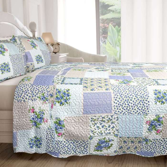 Cotswold Bedspread Set, Blue (Quilted Patchwork Design) - Image 7