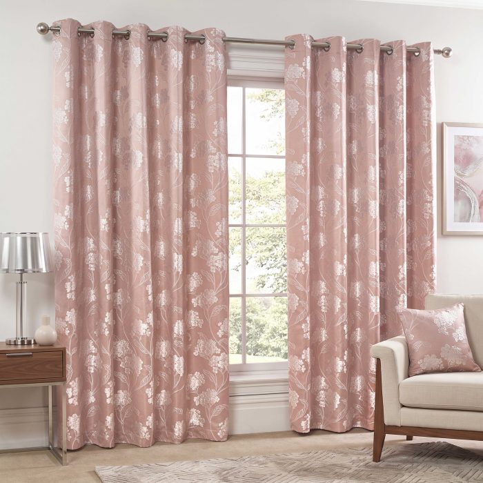 Blossom Eyelet Curtains, Blush Pink (Jacquard Floral Design) - Image 4
